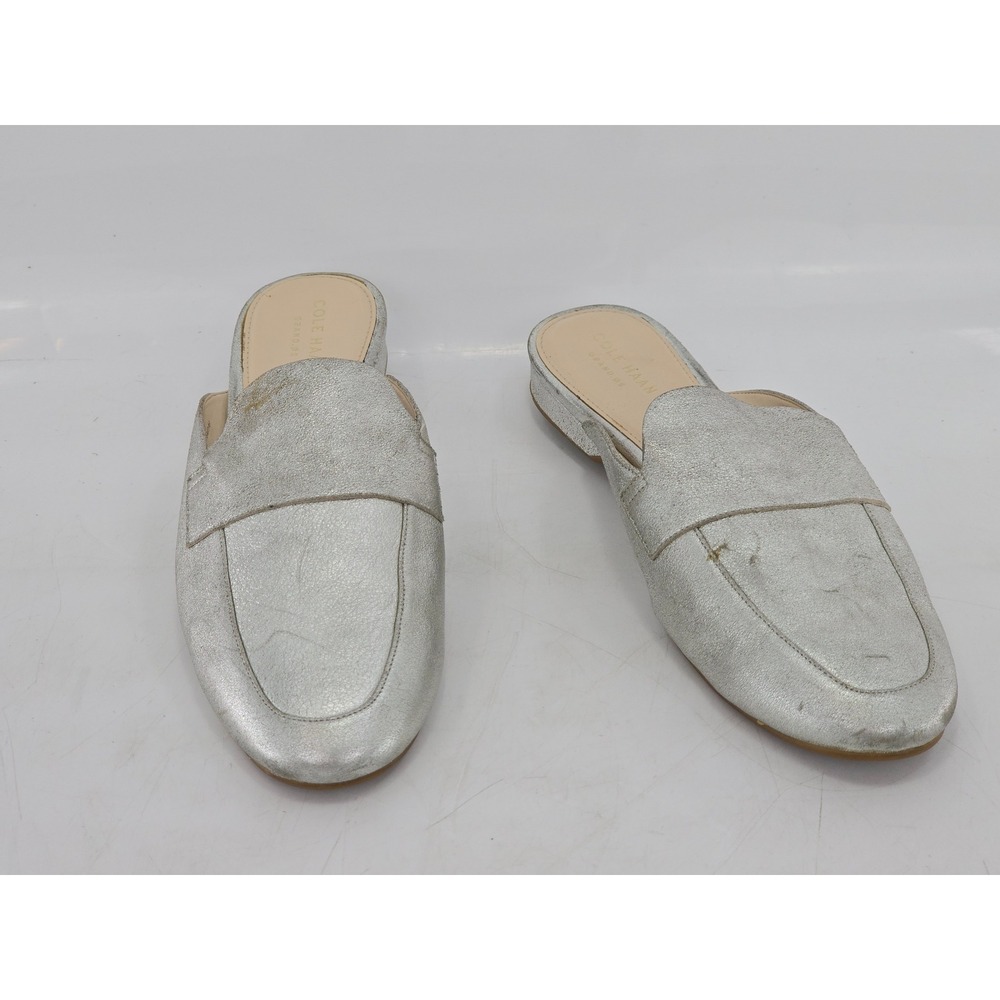 Cole Haan Mules Womens 10B Silver Metallic Leather Slip On Flats W11212 - Good